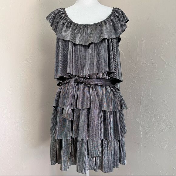 Michael Michael Kors Tiered Metallic Silver Ruffle Plisse Mini Dress Size L - Picture 3 of 13